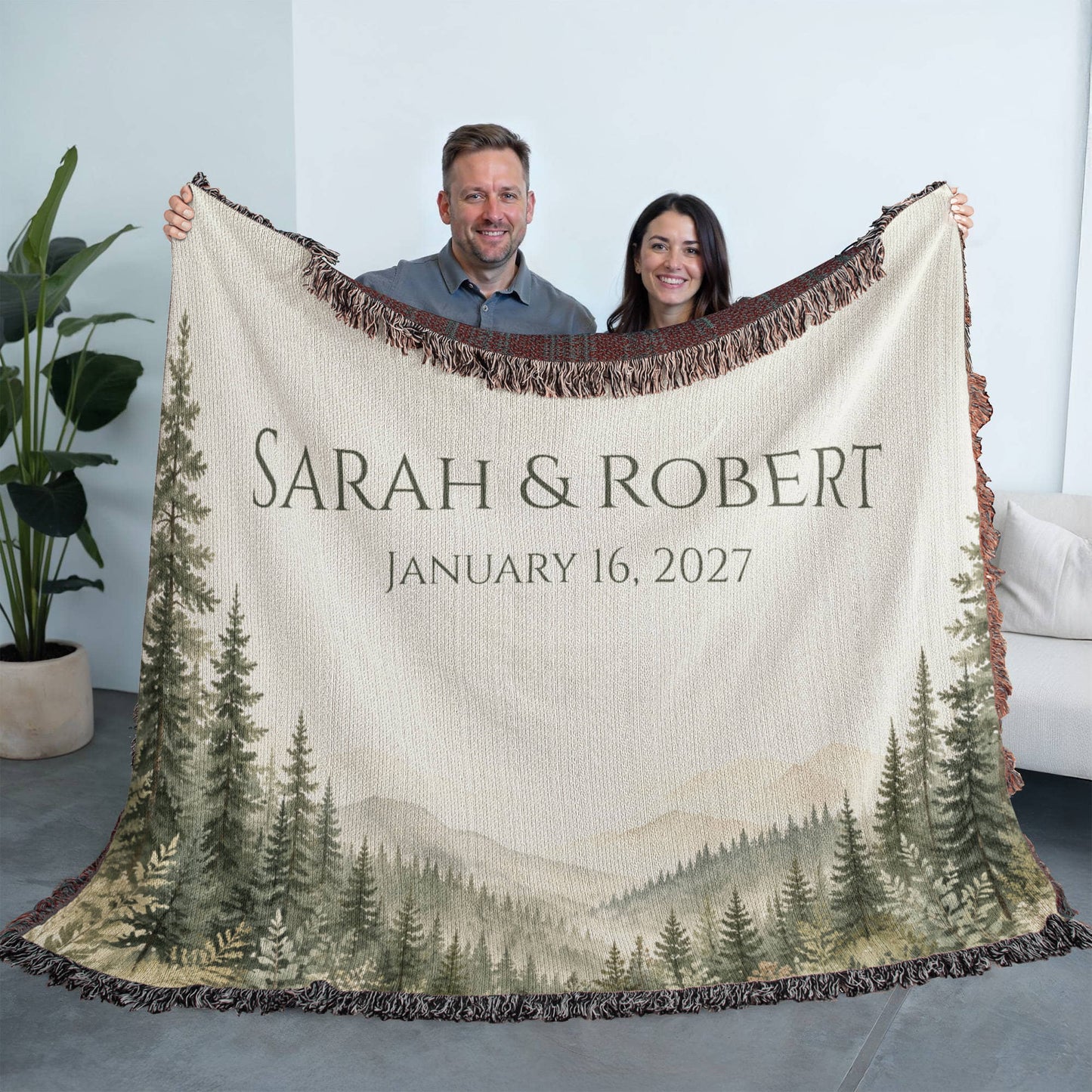 Misty Pine Forest Wedding Blanket – Personalized Gift with Names & Date