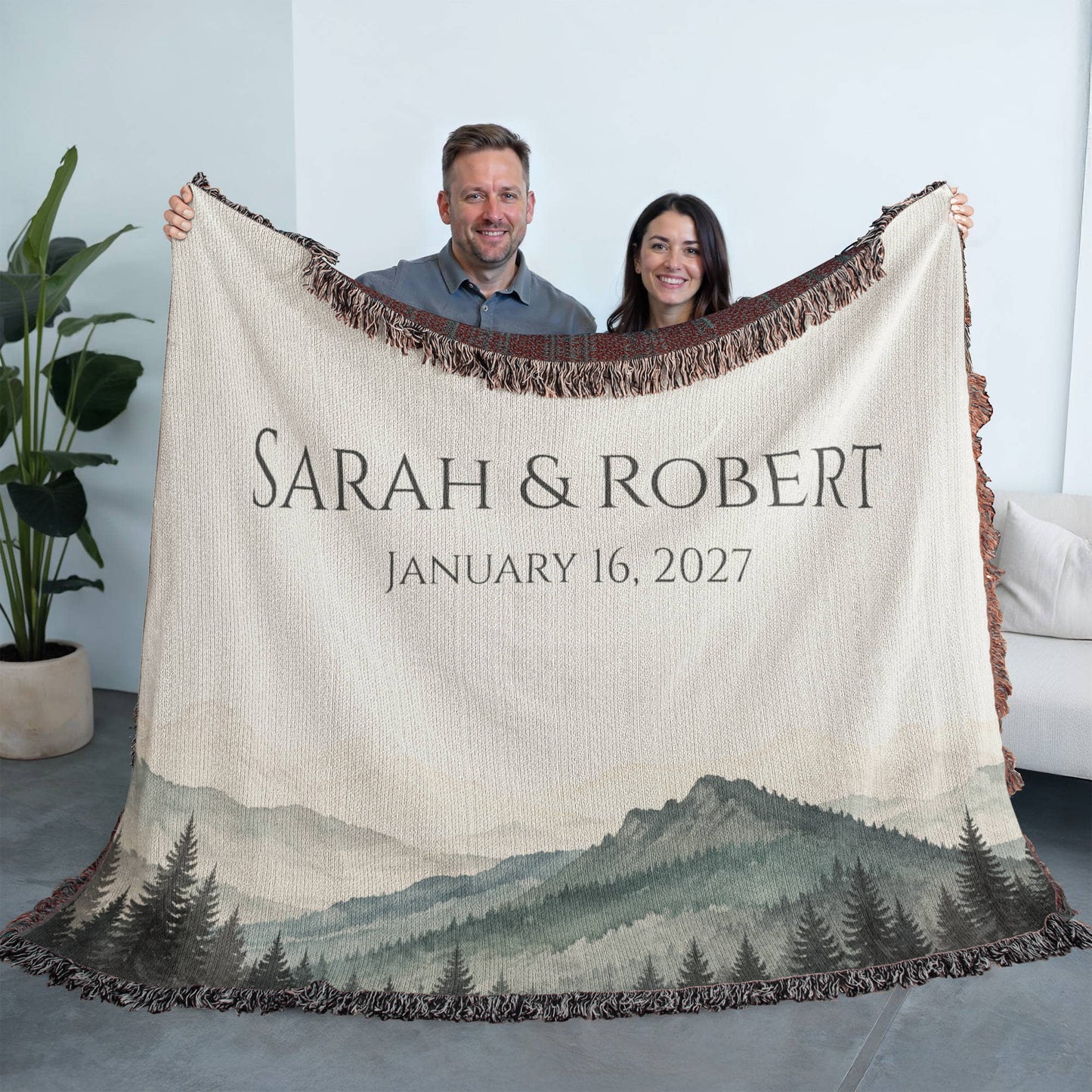 Mountain Peak Wedding Blanket – Personalized Anniversary Gift with Names & Date
