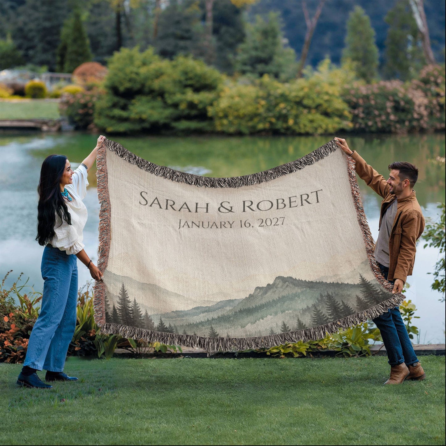 Mountain Peak Wedding Blanket – Personalized Anniversary Gift with Names & Date