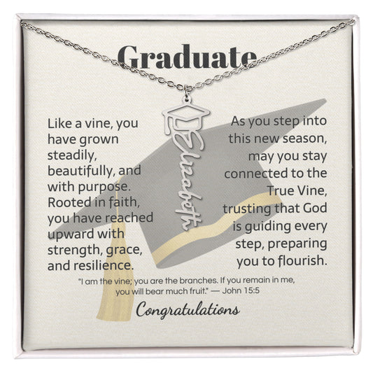 Graduate graduation cap name necklace with John 15:5 — Christian scripture gift for her | Nordenzi