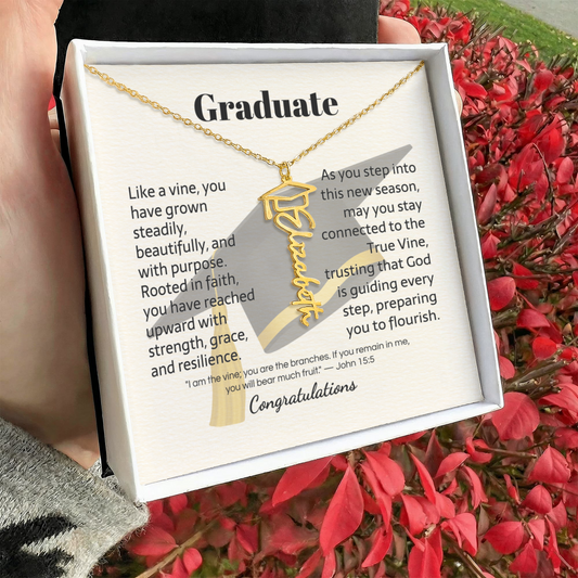 Graduate graduation cap name necklace with John 15:5 — Christian scripture gift for her | The Faith World