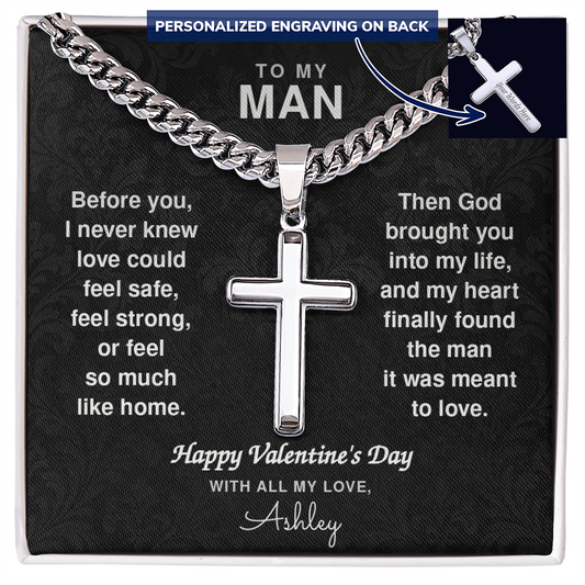 Valentine's Day Gift for Him – Engraved Cuban Link Cross Necklace