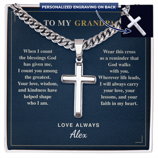 To My Grandpa — Cross Necklace with Cuban Link Chain | Christian Gift from Grandchildren
