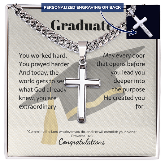 Graduate cross necklace with Cuban link chain and Proverbs 16:3 — Christian scripture gift for him | The Faith World