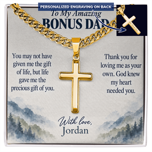 To My Bonus Dad Cuban Chain Cross Necklace | Personalized Gift from Bonus Son or Daughter