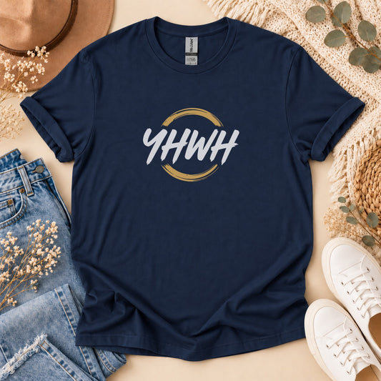 Navy t-shirt with white "YHWH" text inside a gold circle with brush strokes.