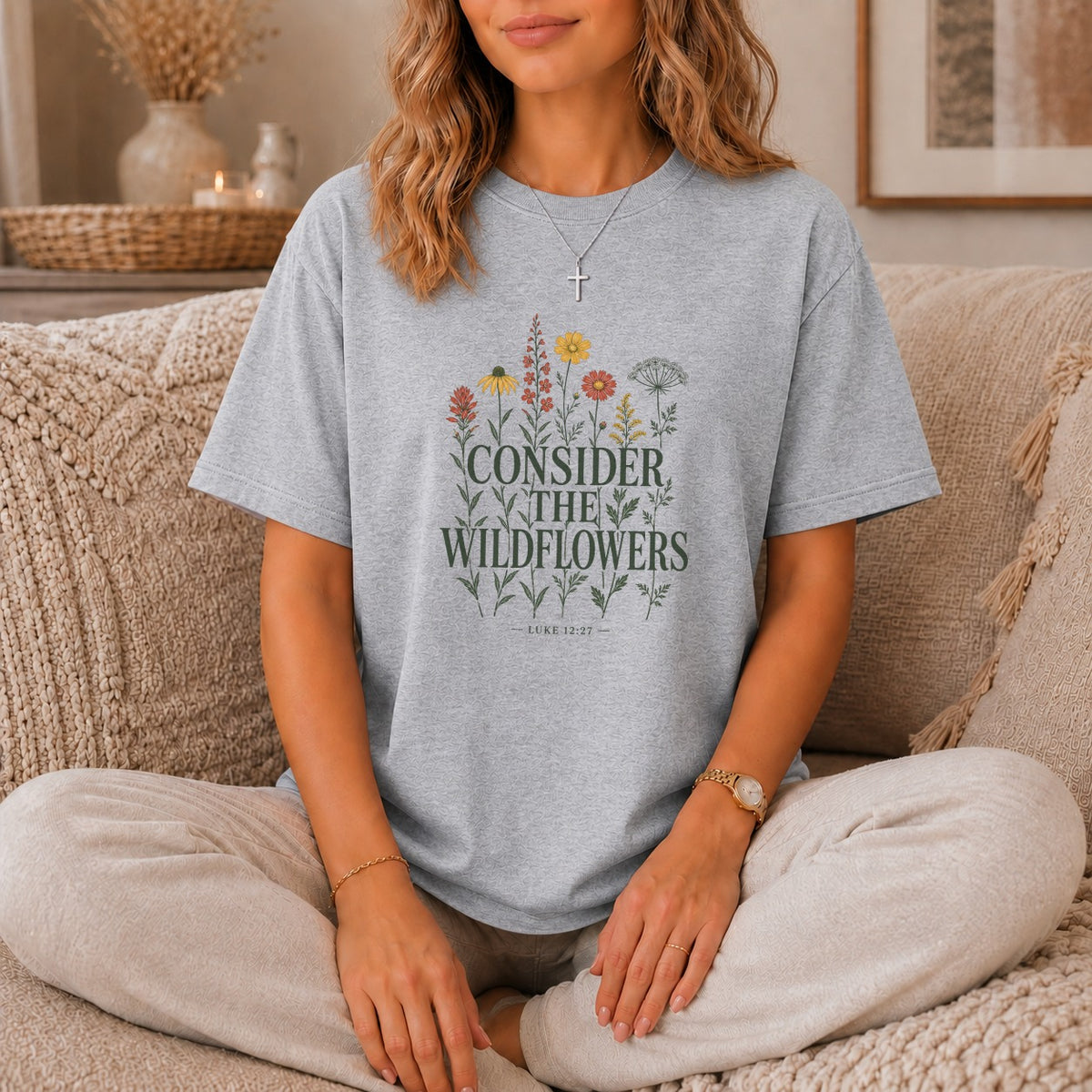 Gray t-shirt with "Consider the Wildflowers" text and floral graphic.