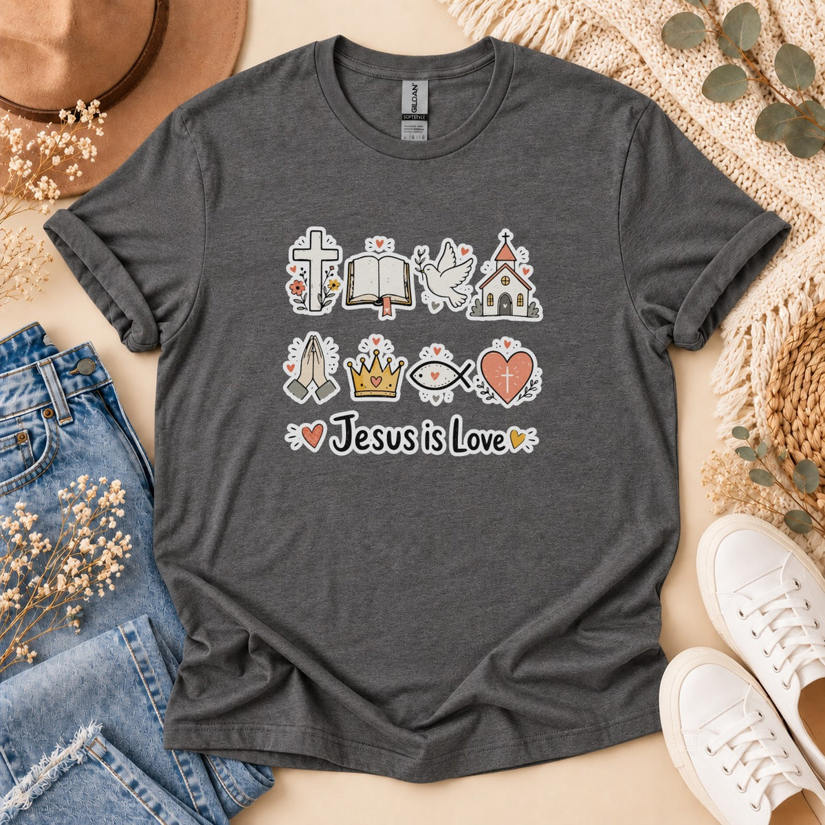 Dark gray t-shirt with religious icons and "Jesus is Love" text.
