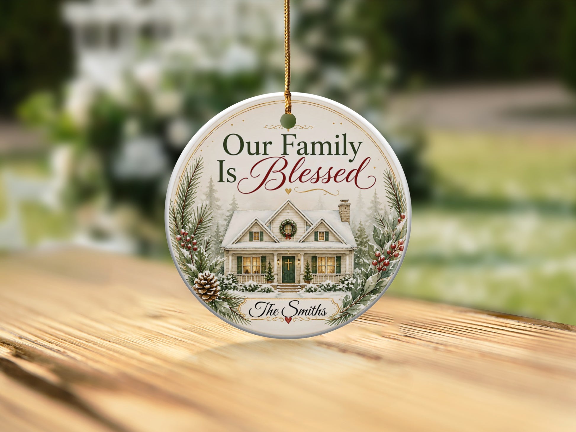 Round ornament with a house scene and "Our Family Is Blessed The Smiths".