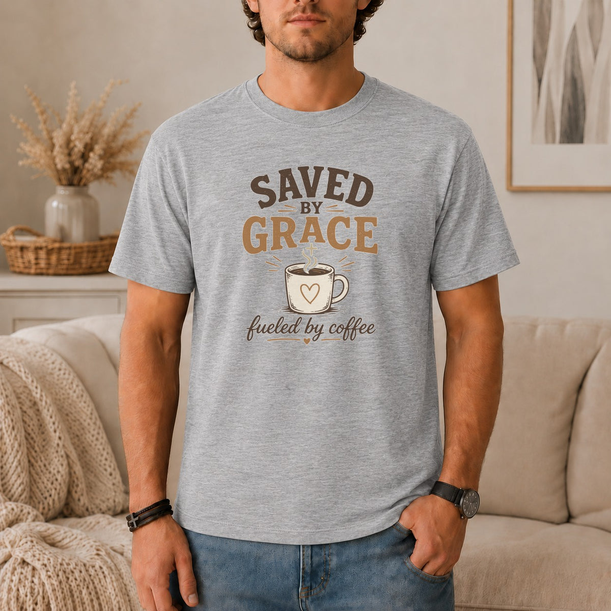 Grey t-shirt with "Saved by Grace, fueled by coffee" text and coffee cup graphic.