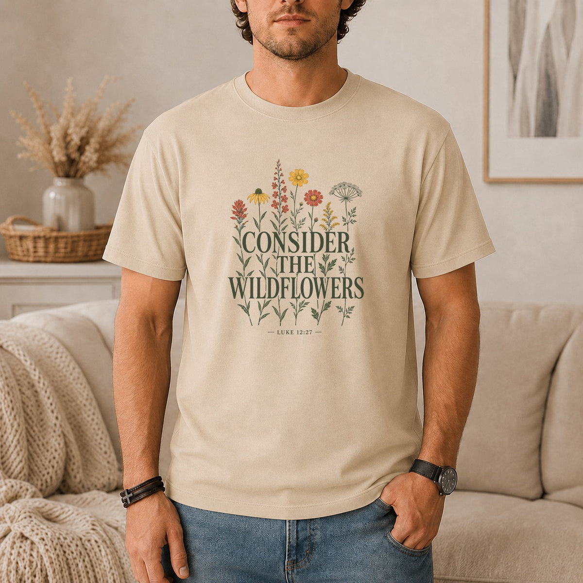 T-shirt with "Consider the Wildflowers" text and wildflowers design.