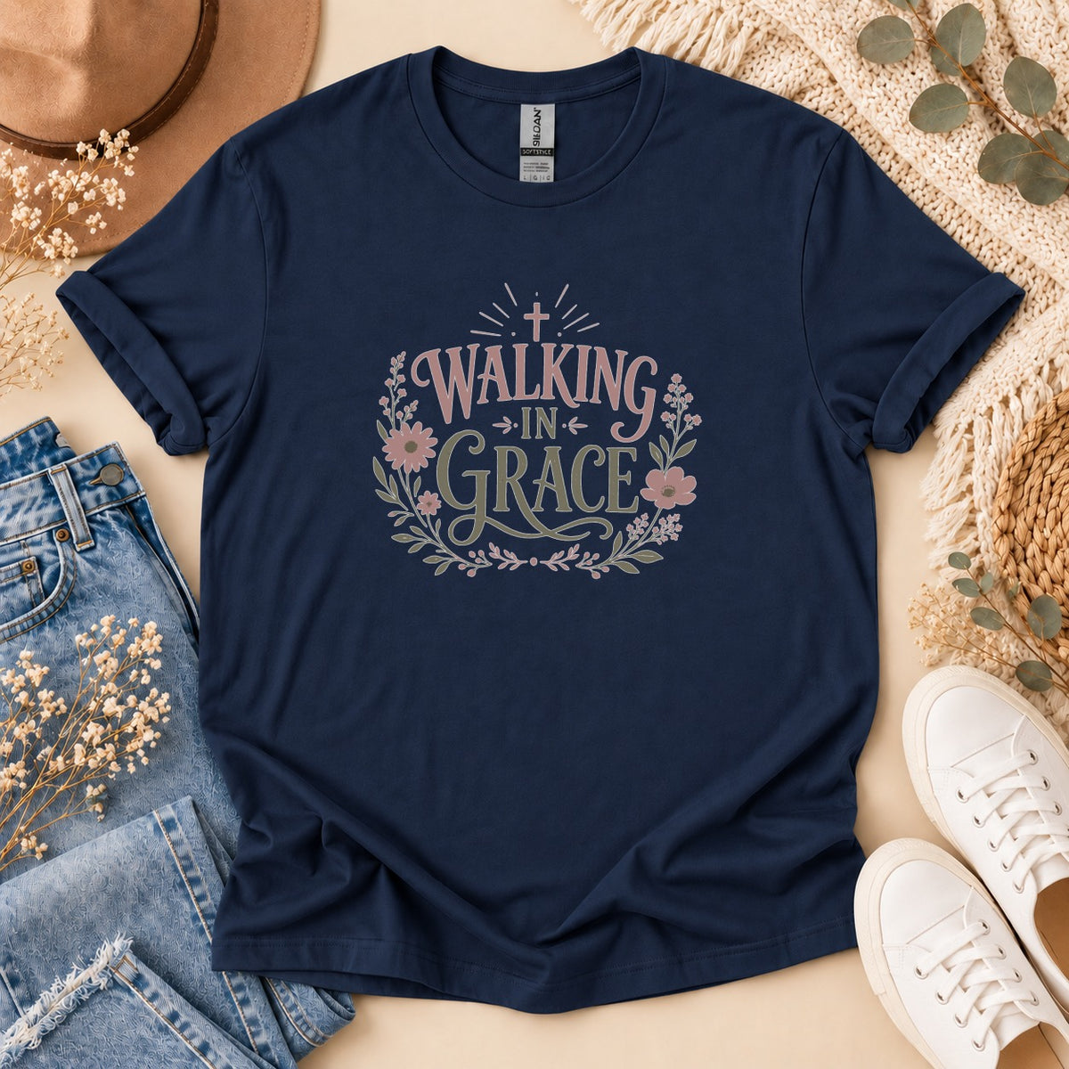 Navy t-shirt with "Walking in Grace" text and floral design.