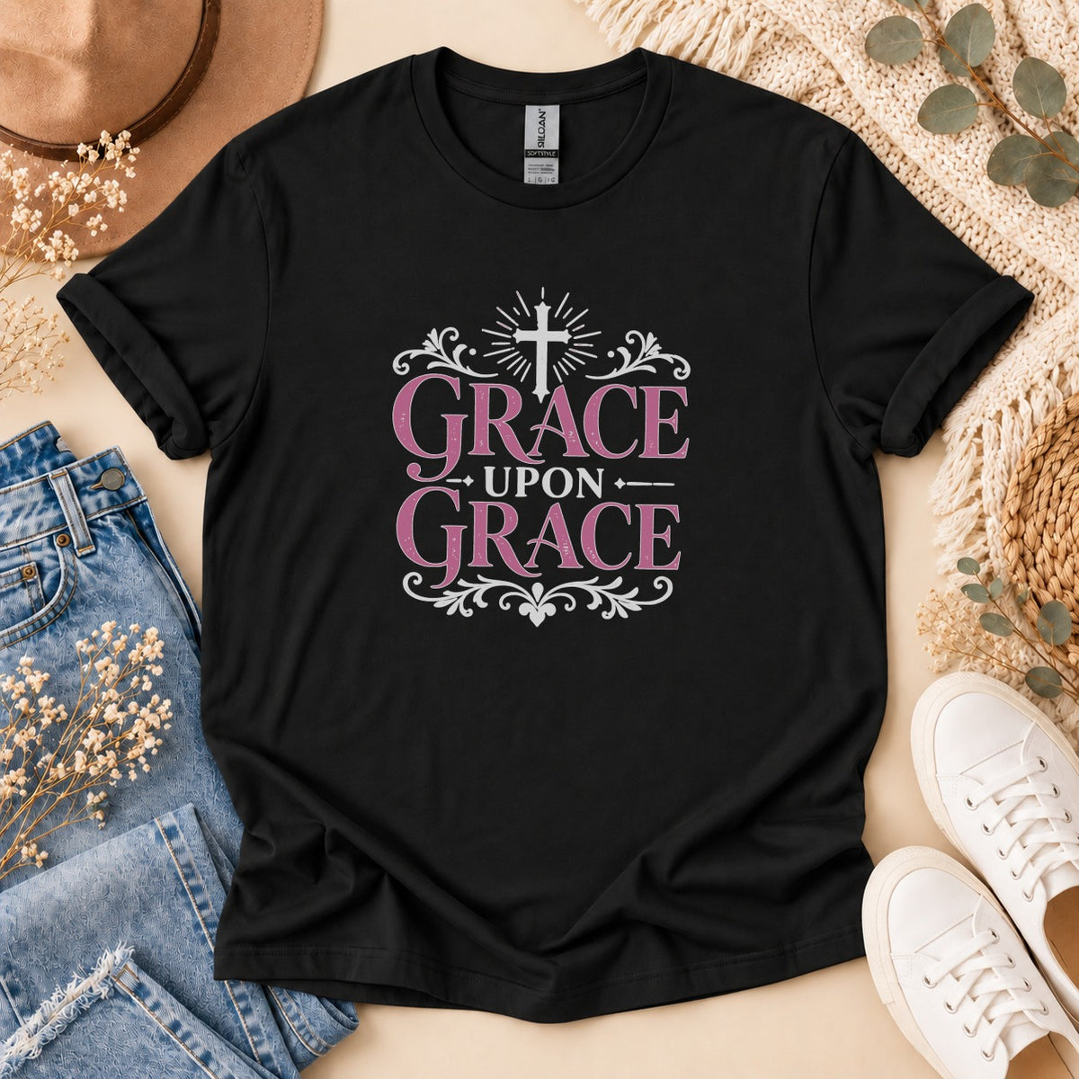 Black t-shirt with "Grace Upon Grace" text and a cross design.