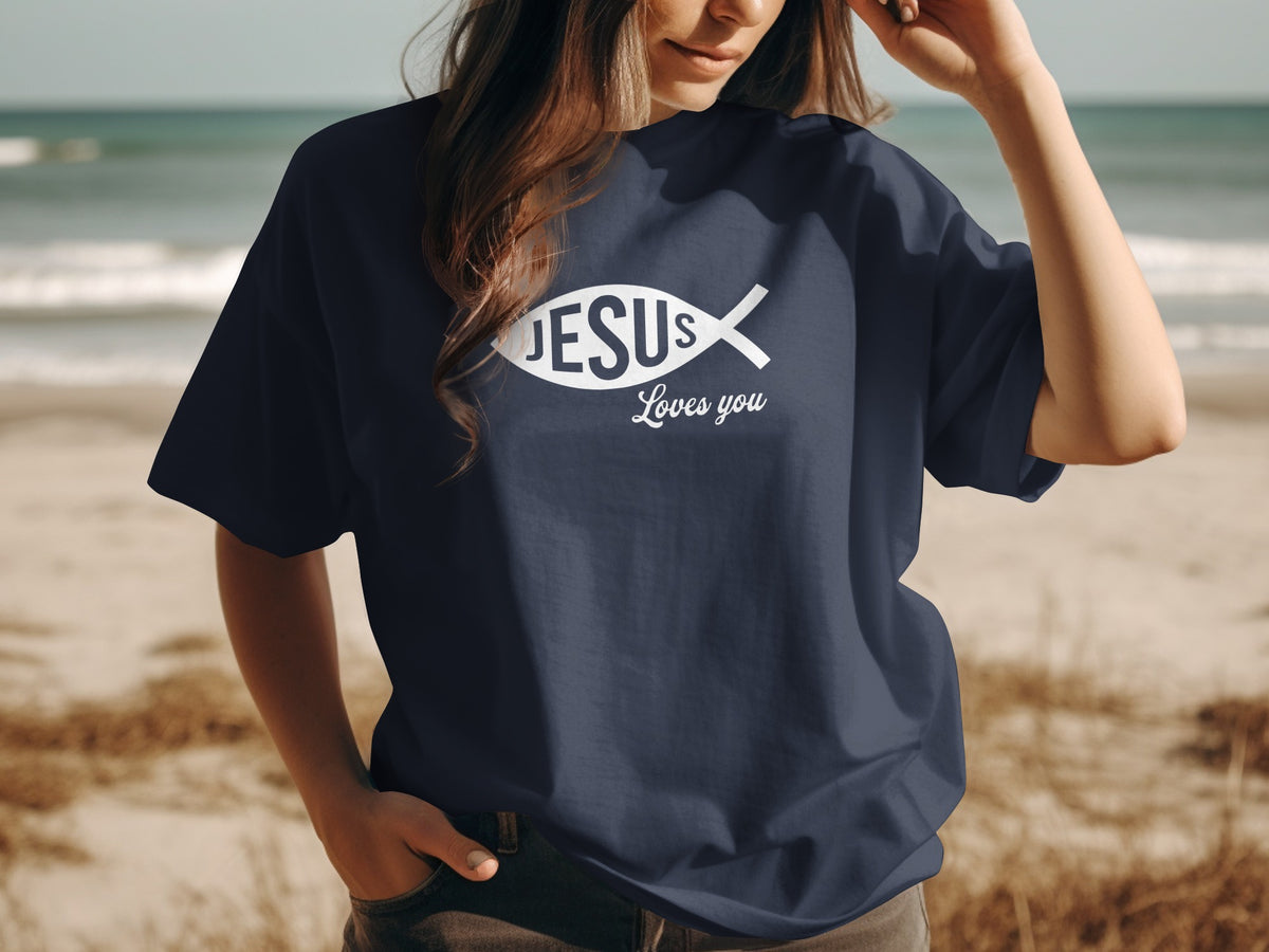 Navy t-shirt with white Ichthys fish symbol and text "JESUS Loves you".