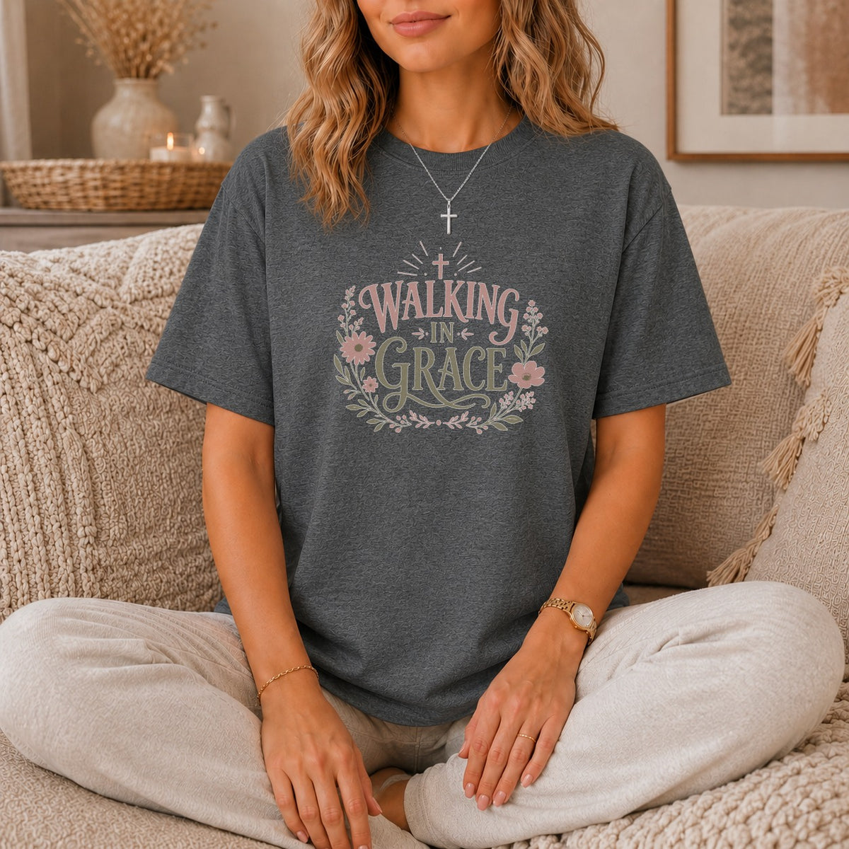 Dark gray t-shirt with "Walking in Grace" graphic featuring flowers and a cross.
