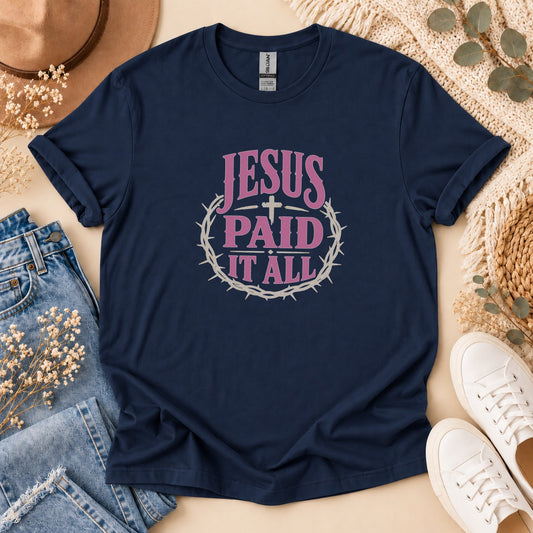 Navy t-shirt with "JESUS PAID IT ALL" and crown of thorns graphic.