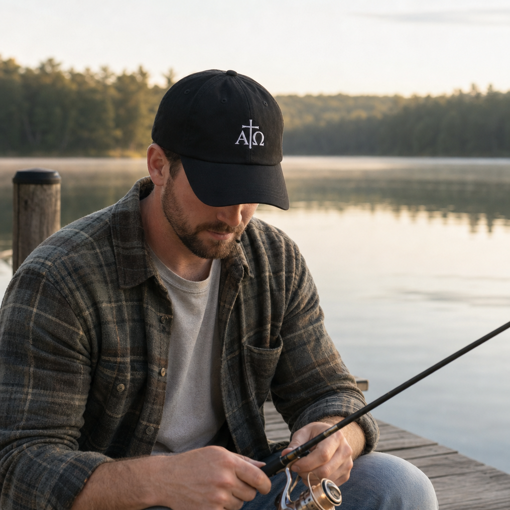 Alpha & Omega embroidered Christian baseball cap black fishing at the lake -- faith gift for dad | Nordenzi