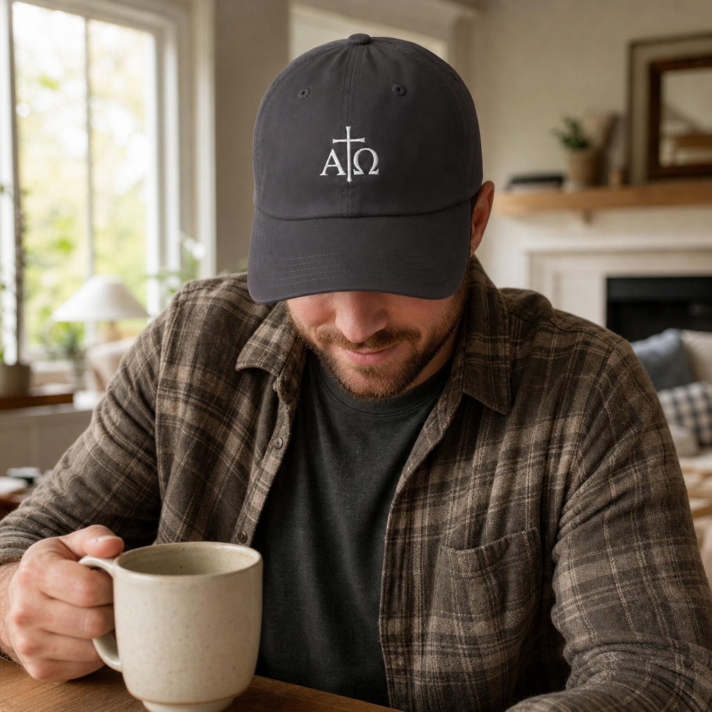 Alpha & Omega embroidered Christian cap dark grey worn at home -- faith gift for pastor or husband | Nordenzi
