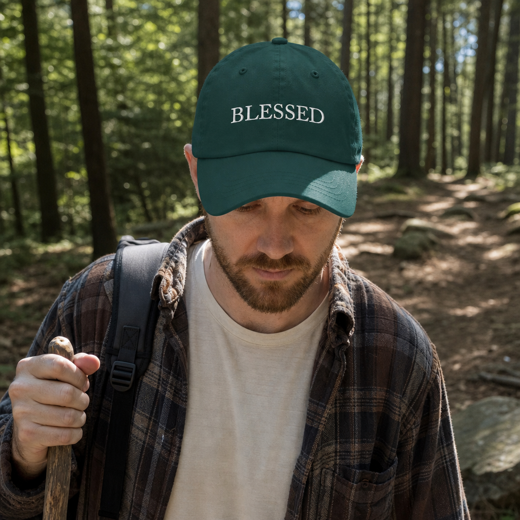 BLESSED embroidered Christian baseball cap spruce green on a forest hike -- faith gift for outdoorsmen | Nordenzi