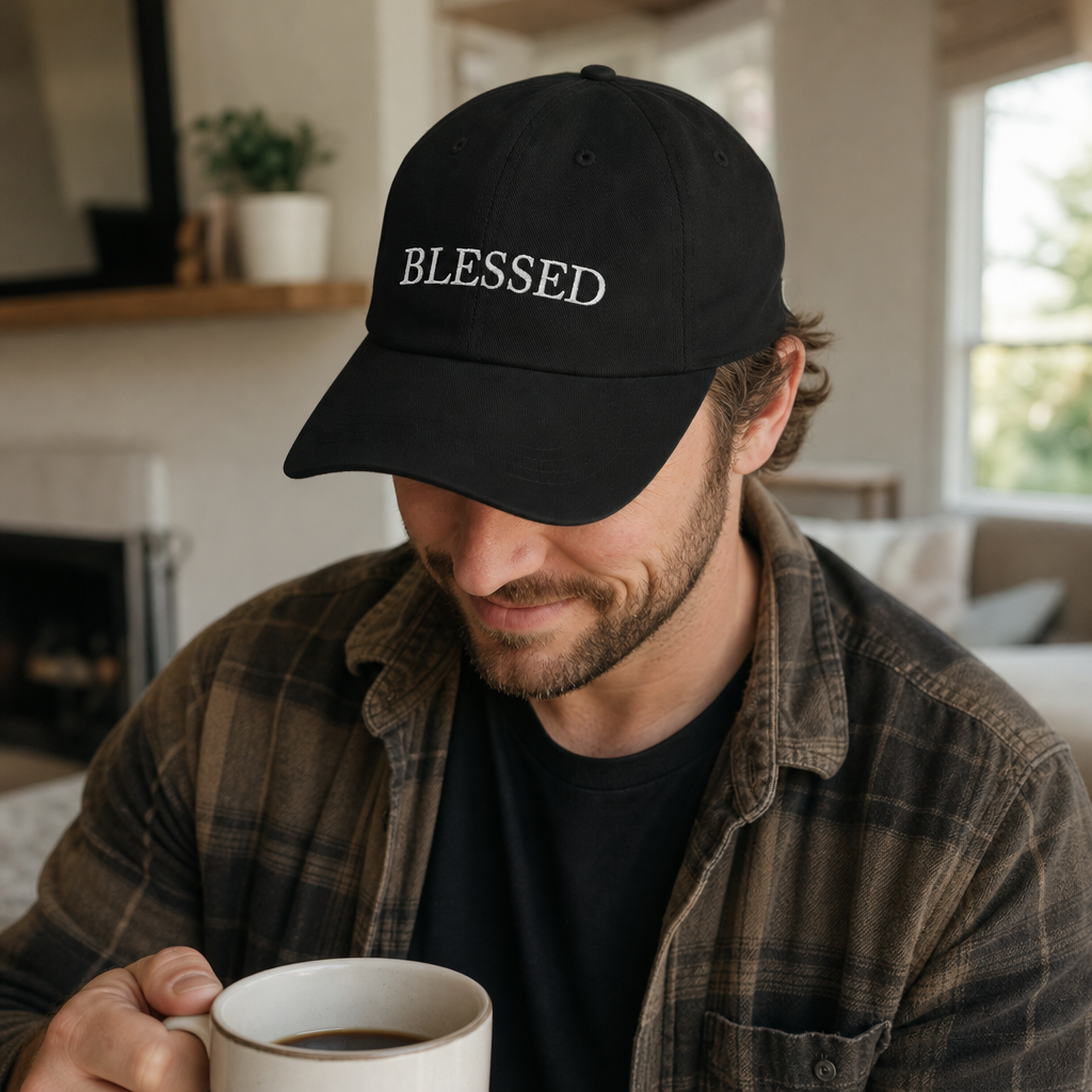 BLESSED embroidered Christian dad hat black worn at home -- cozy faith gift for dad or husband | Nordenzi