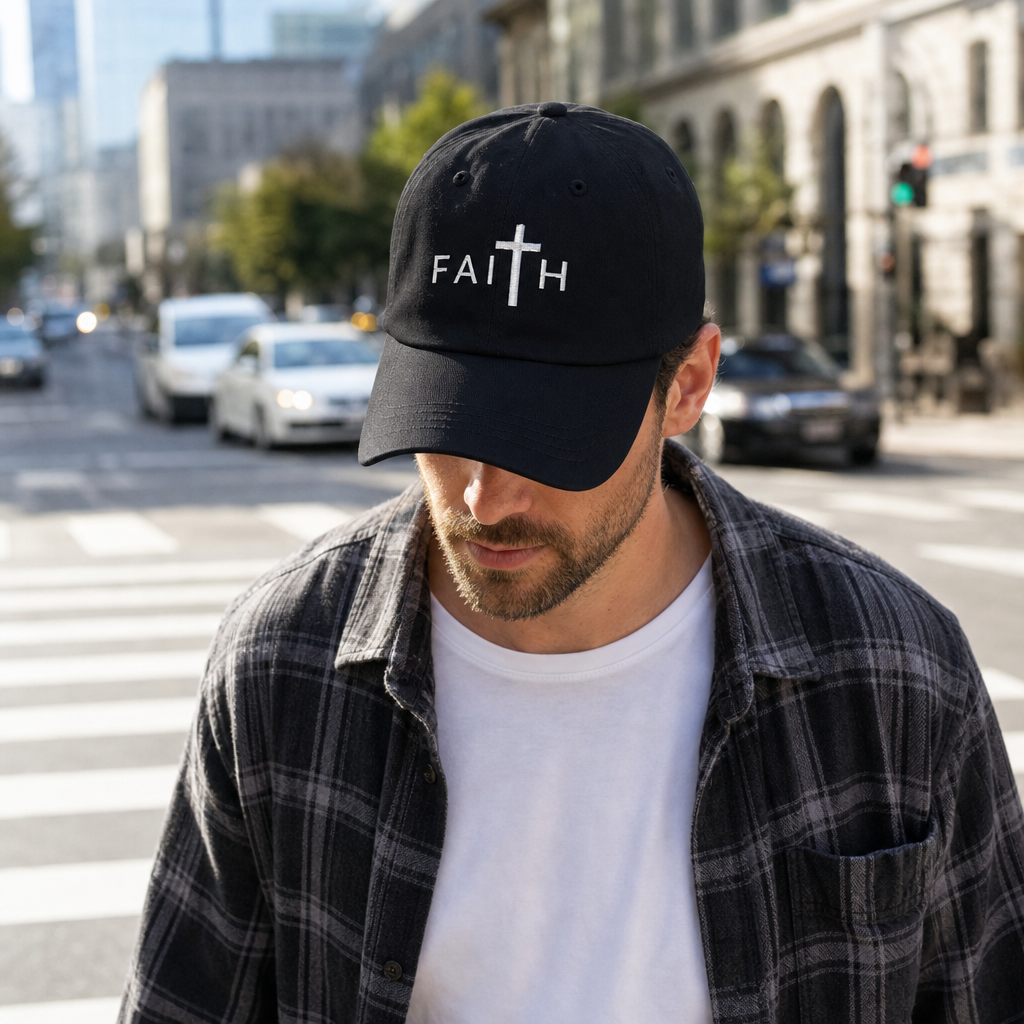 FAITH embroidered Christian dad hat black worn in the city -- everyday faith apparel for men | Nordenzi