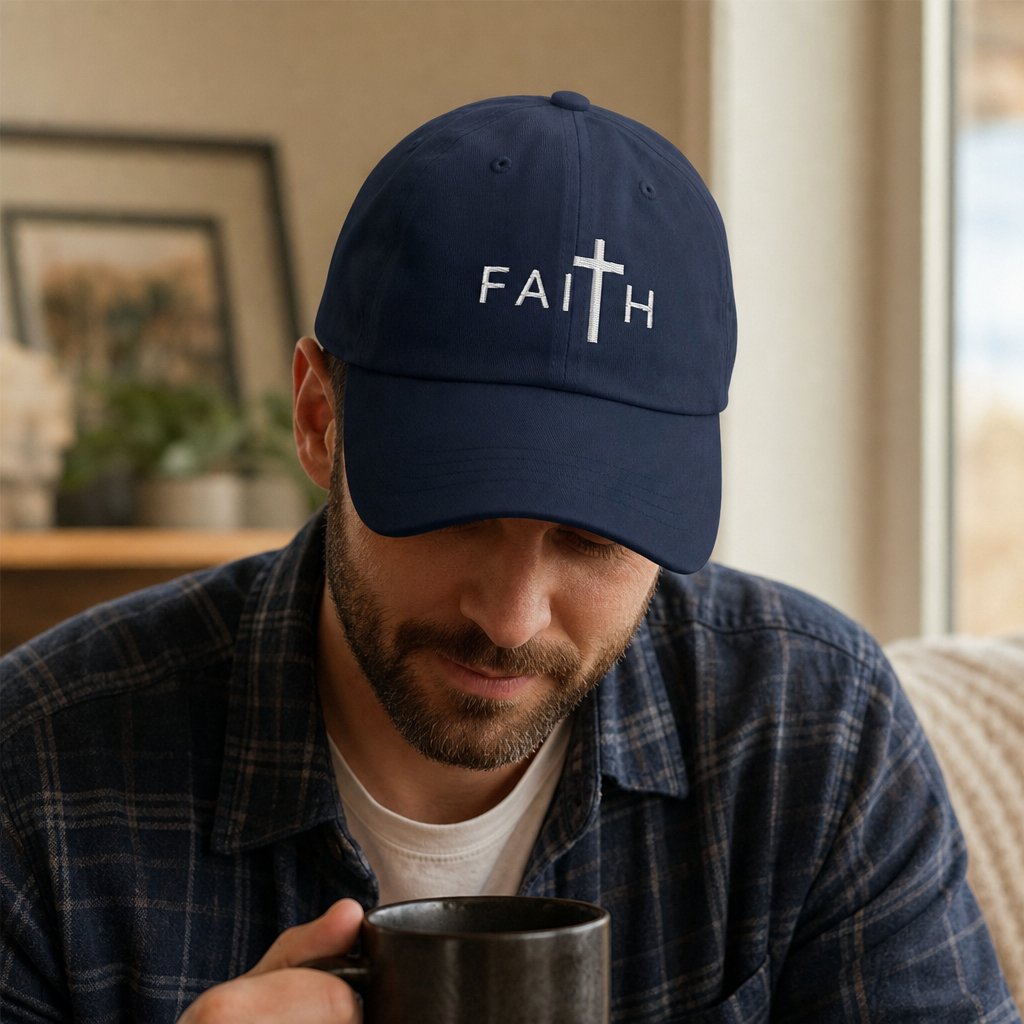 FAITH embroidered Christian baseball cap navy worn at home -- faith gift for husband or son | Nordenzi