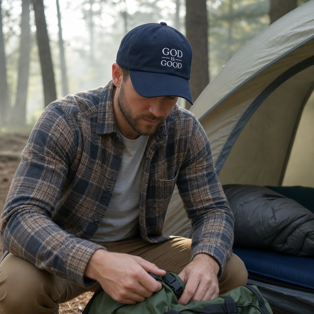 God Is Good embroidered Christian dad hat navy at a forest campsite -- outdoor faith gift for him | Nordenzi
