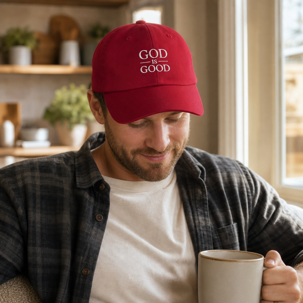 God Is Good embroidered Christian baseball cap cranberry worn at home -- faith gift for dad | Nordenzi