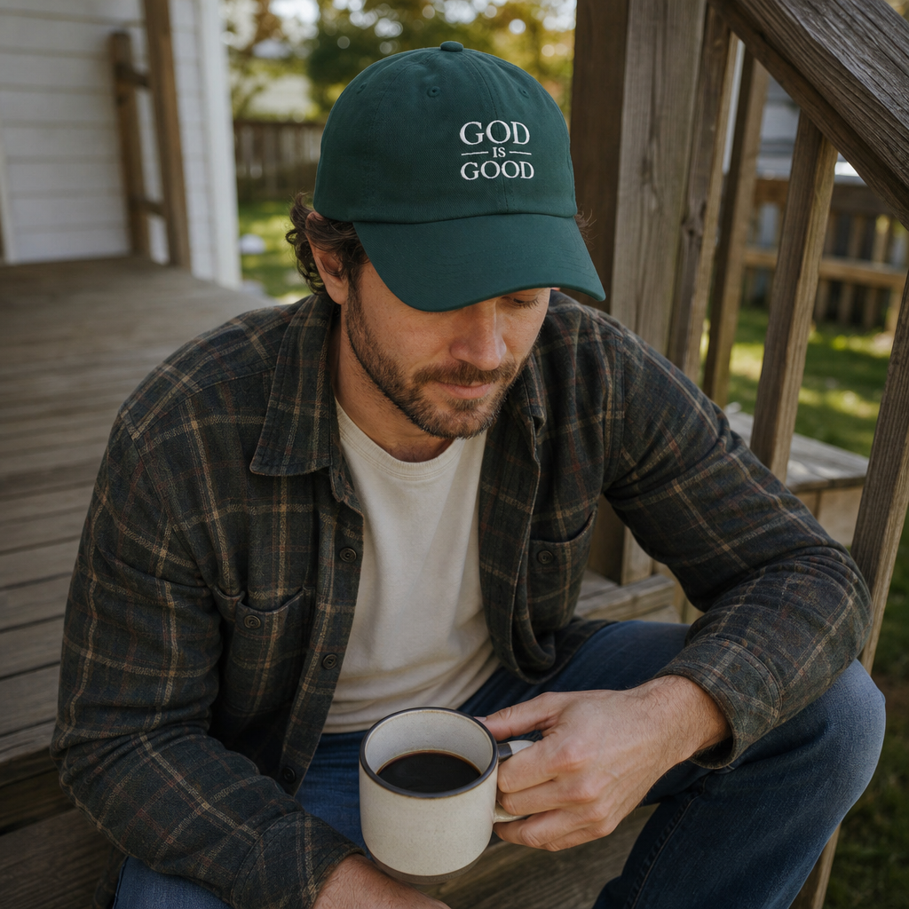 God Is Good embroidered Christian cap spruce green on the porch with coffee -- faith gift for husband | Nordenzi