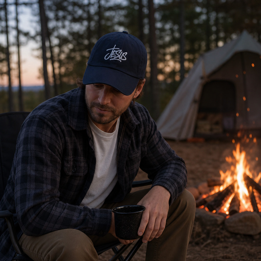 Jesus embroidered Christian baseball cap navy at a campfire -- outdoor faith gift for dad | Nordenzi