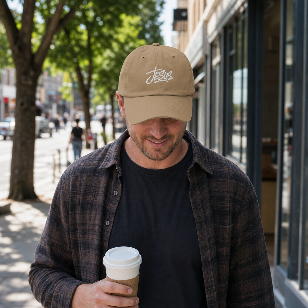 Jesus embroidered Christian dad hat khaki worn in the city -- faith apparel gift for men | Nordenzi