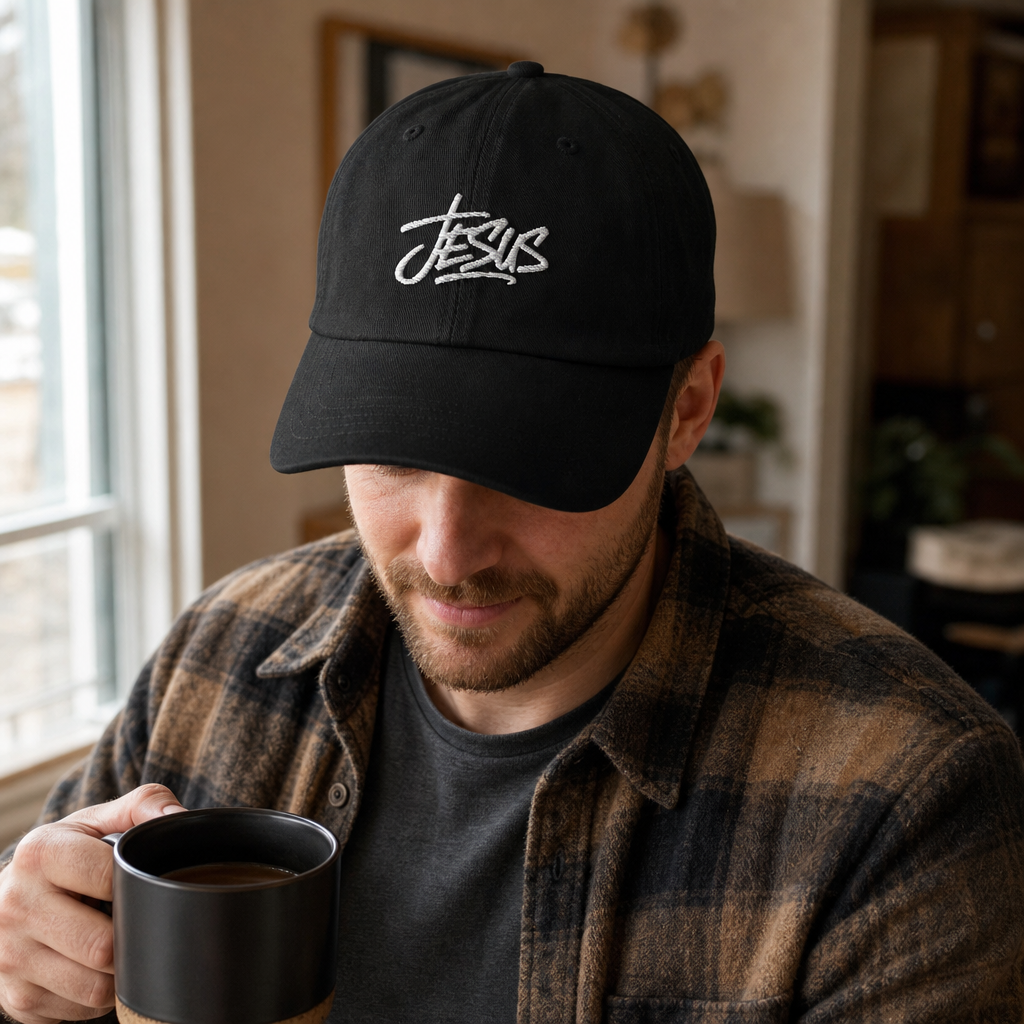 Jesus embroidered Christian baseball cap black worn at home -- bold faith apparel gift for him | Nordenzi