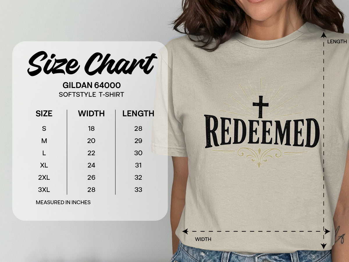 Gildan 64000 Softstyle T-shirt size chart with width and length measurements.