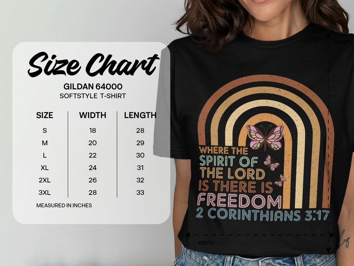 Gildan 64000 Softstyle T-Shirt size chart with measurements in inches.