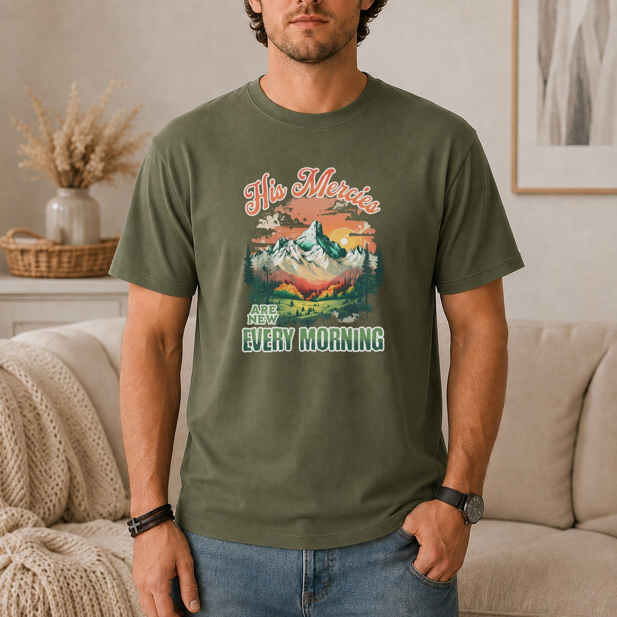 Green t-shirt with mountain landscape and text "His Mercies Are New Every Morning".