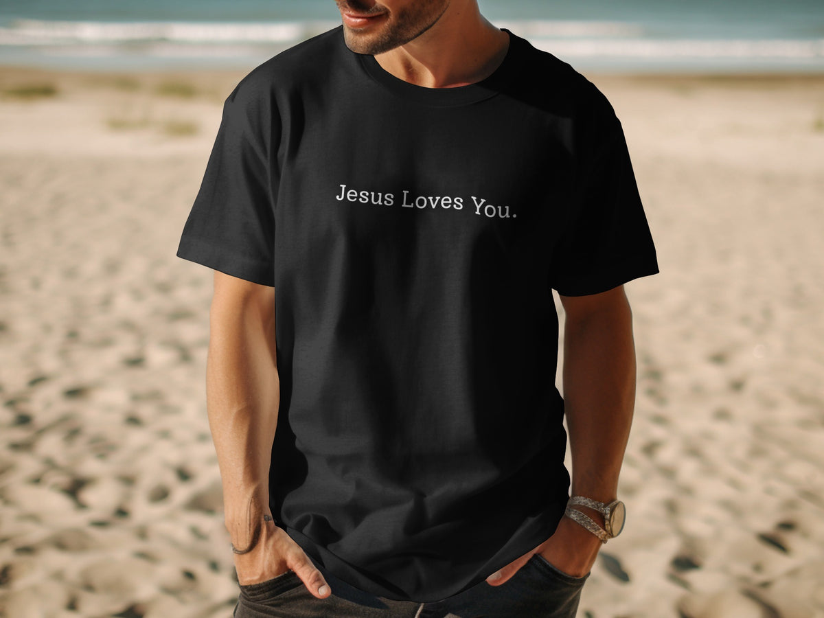 Black t-shirt with white text "Jesus Loves You." on the chest.