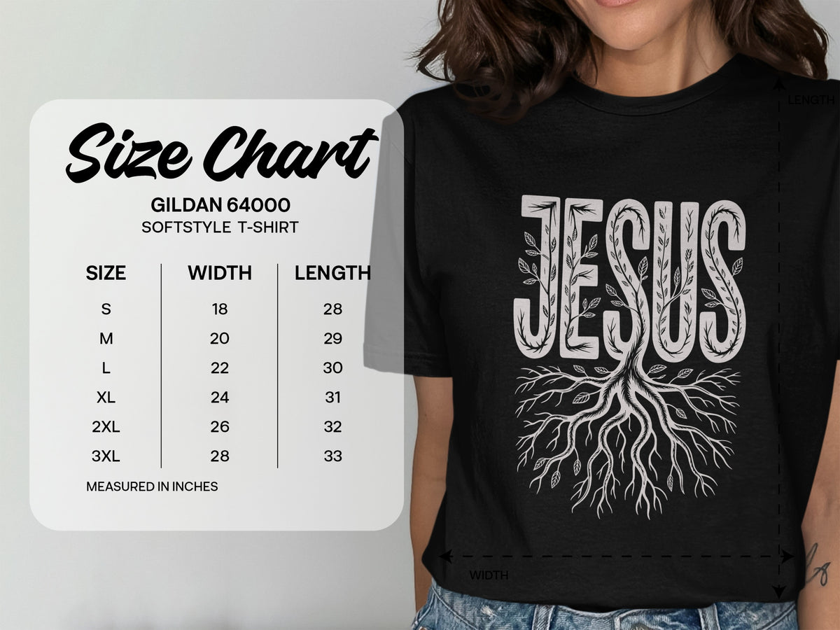 Gildan 64000 Softstyle t-shirt size chart with width and length measurements.