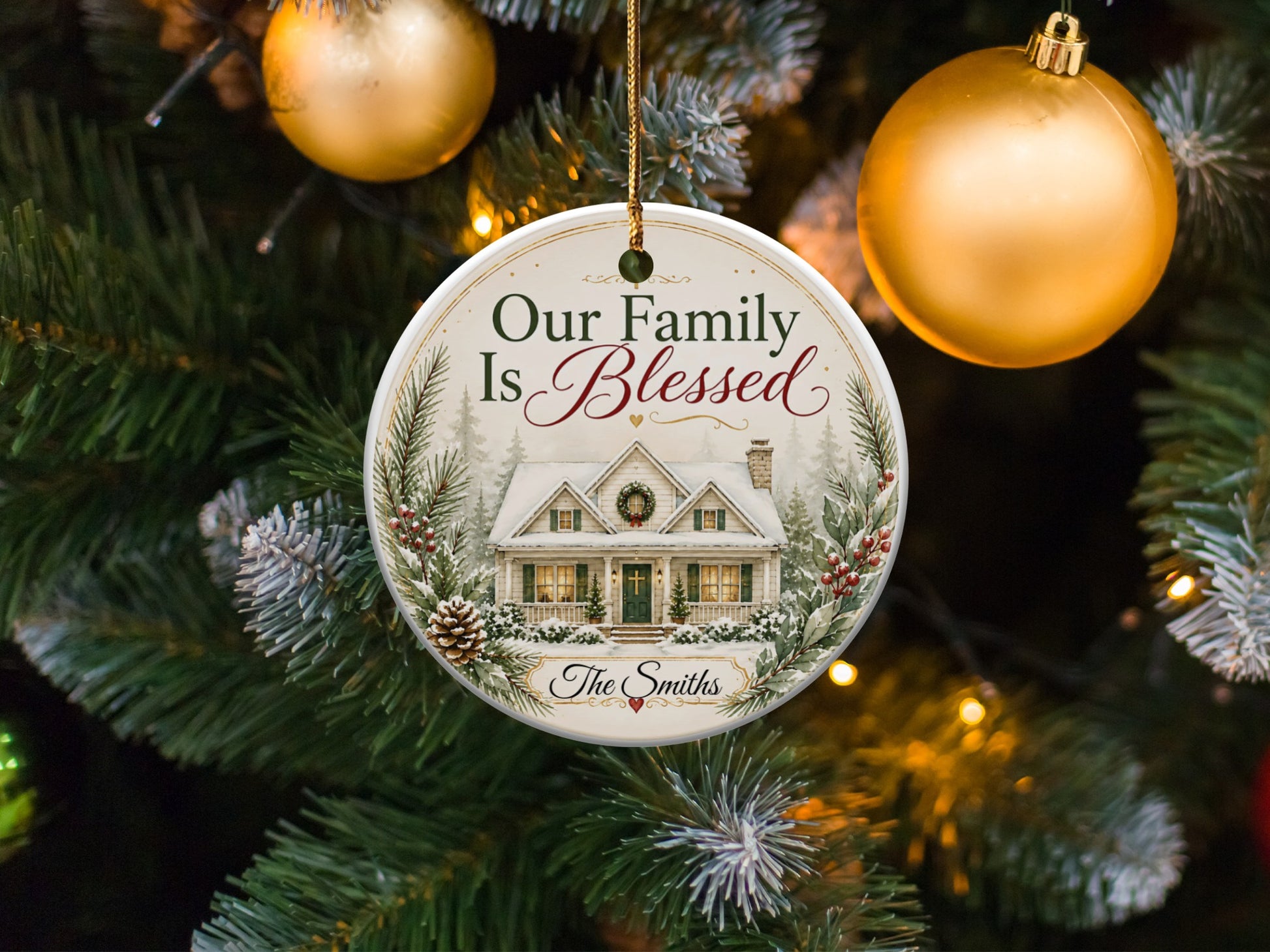 Round ceramic ornament with a house and "Our Family Is Blessed The Smiths" text.