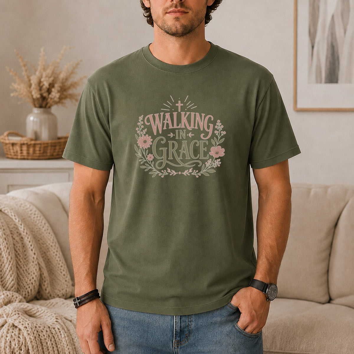 Green t-shirt with "Walking In Grace" text and floral design.