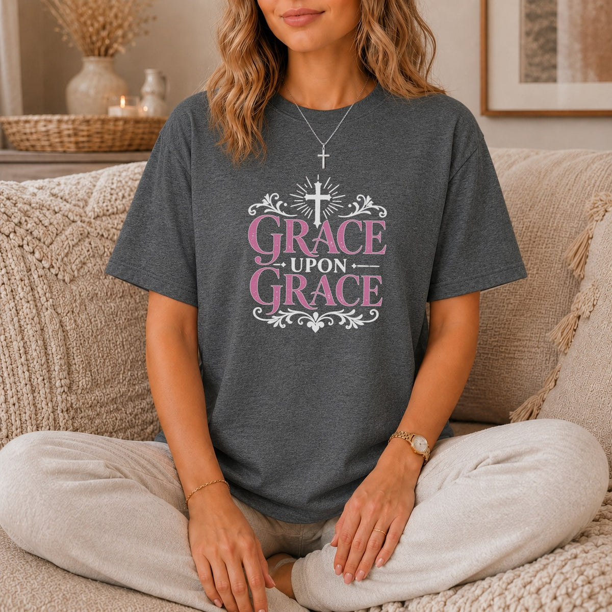 Dark grey t-shirt with "Grace Upon Grace" and a cross graphic.