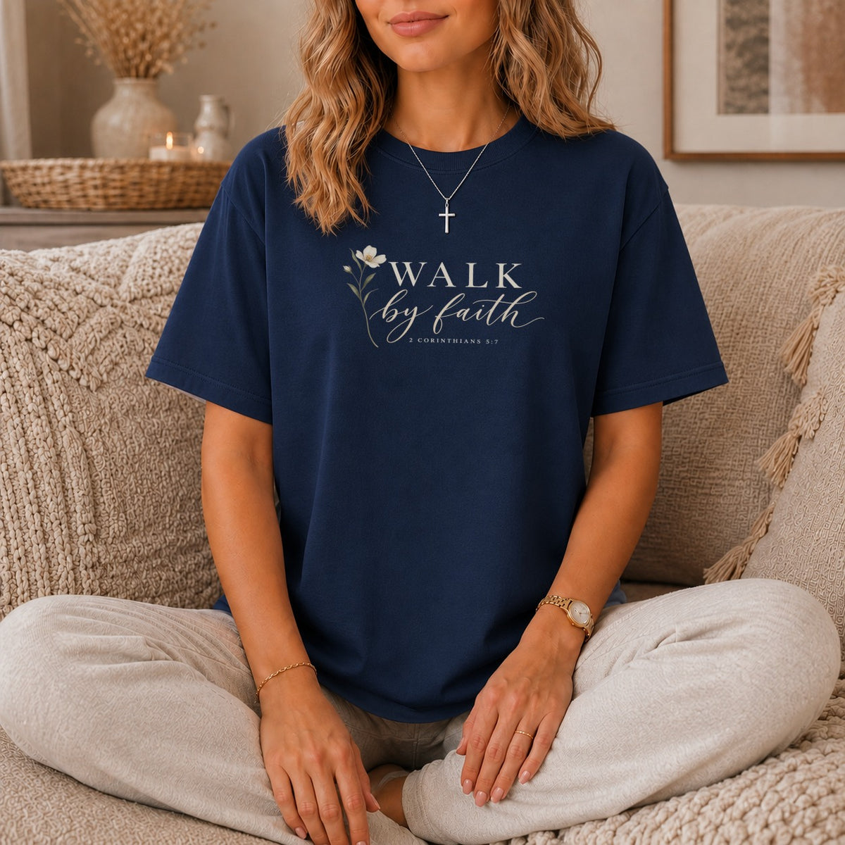 Navy t-shirt with "Walk by Faith" and scripture 2 Corinthians 5:7 text.