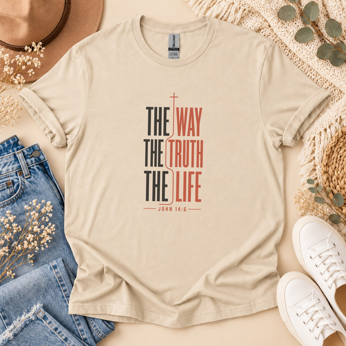 Beige t-shirt with "The Way The Truth The Life" text and "John 14:6".