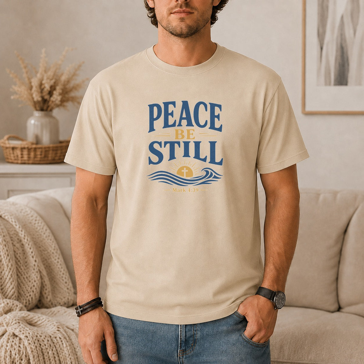 T-shirt with "PEACE BE STILL" graphic and Mark 4:39 verse.