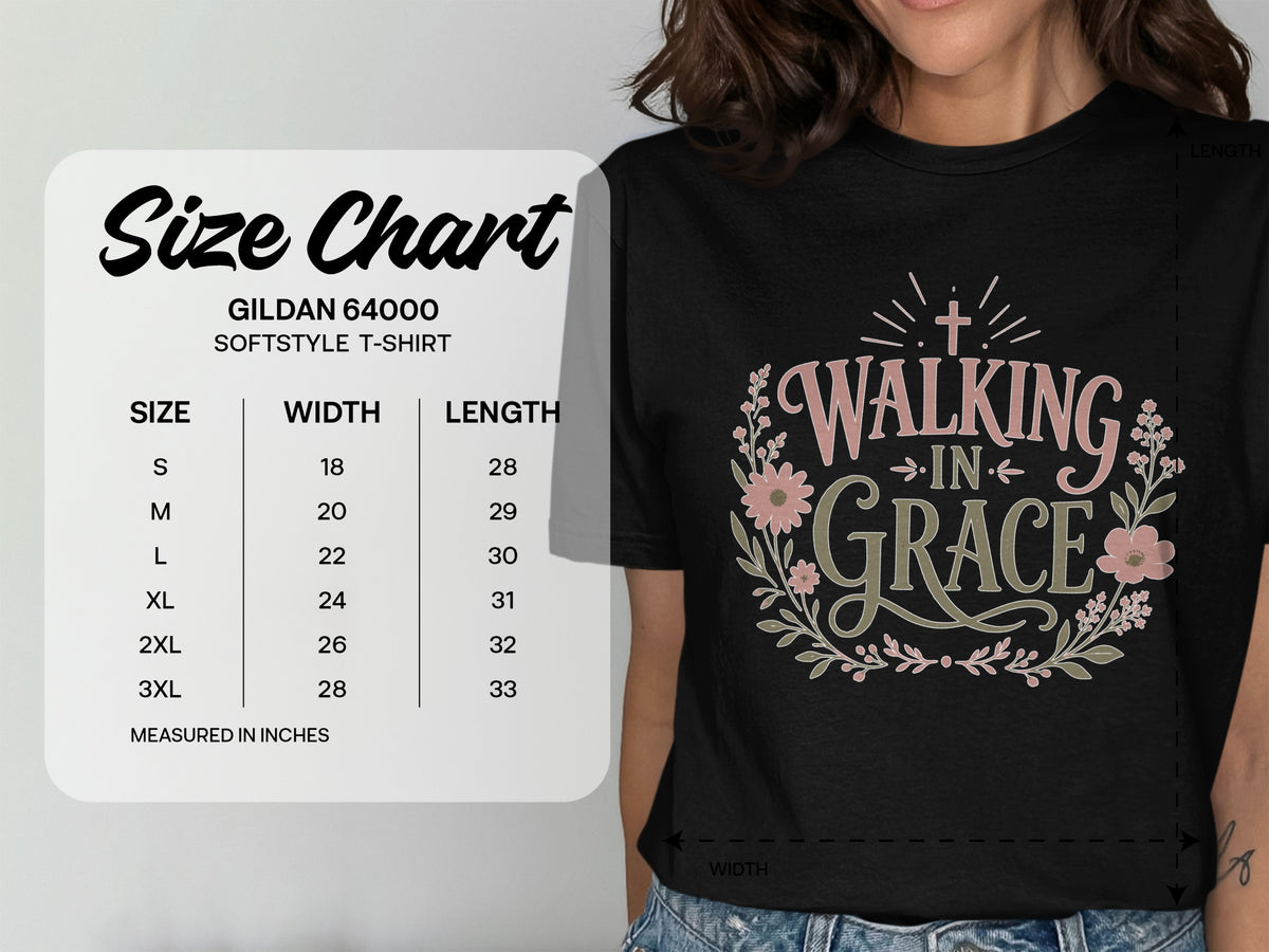Gildan 64000 Softstyle t-shirt size chart with width and length measurements in inches.