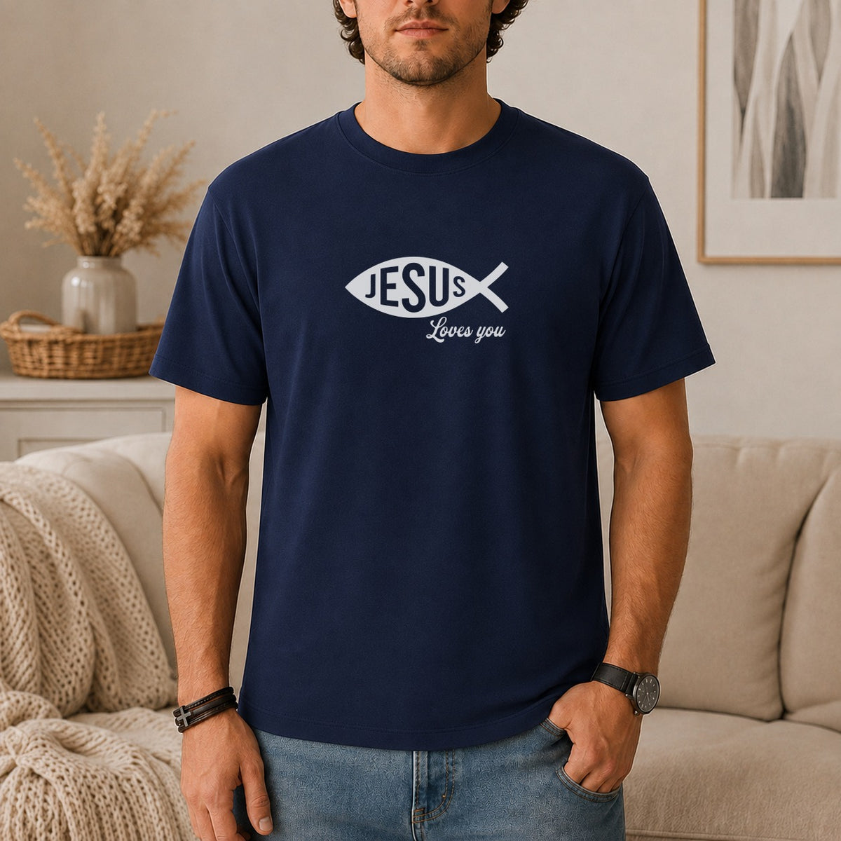 Navy t-shirt with white Jesus fish symbol and "Jesus Loves you" text.