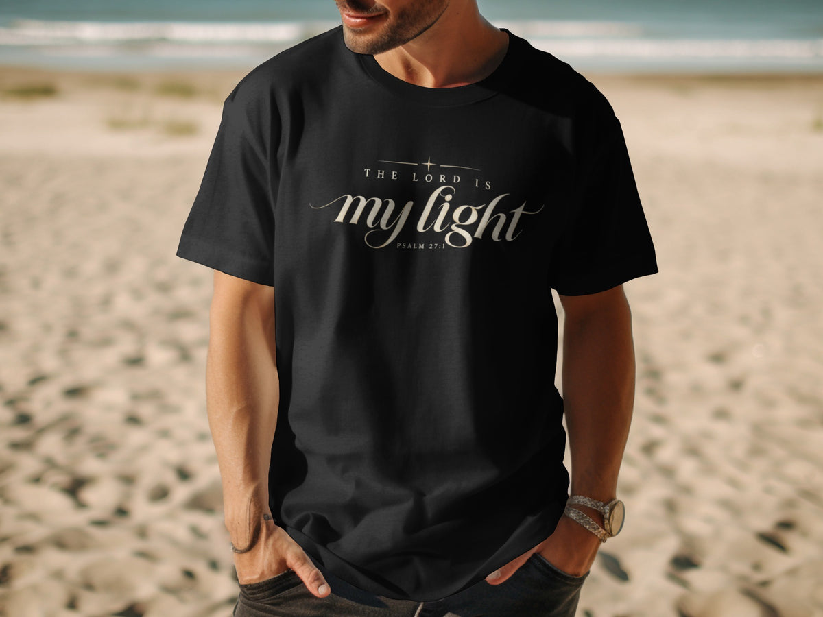 Black t-shirt with "The Lord is my light Psalm 27:1" text.