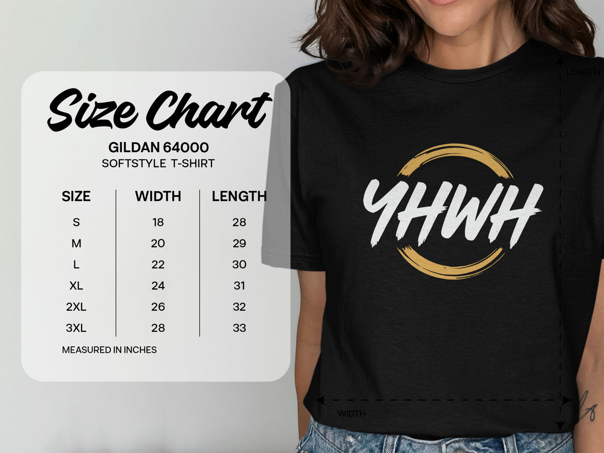 Gildan 64000 softstyle t-shirt size chart in inches with width and length measurements.
