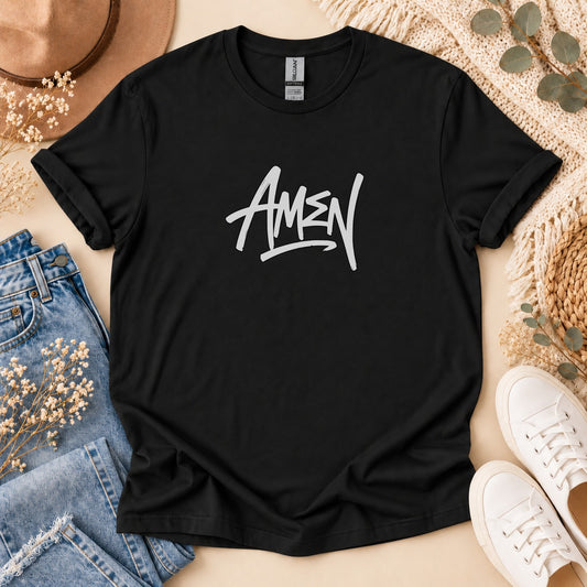 Black t-shirt with white "AMEN" graphic in a stylized font.