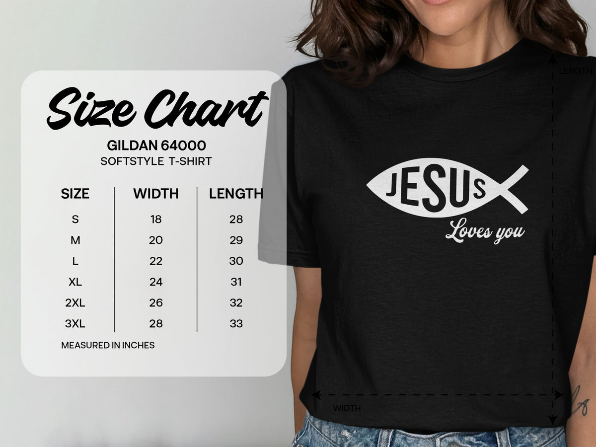 Gildan 64000 Softstyle t-shirt size chart with width and length measurements in inches.