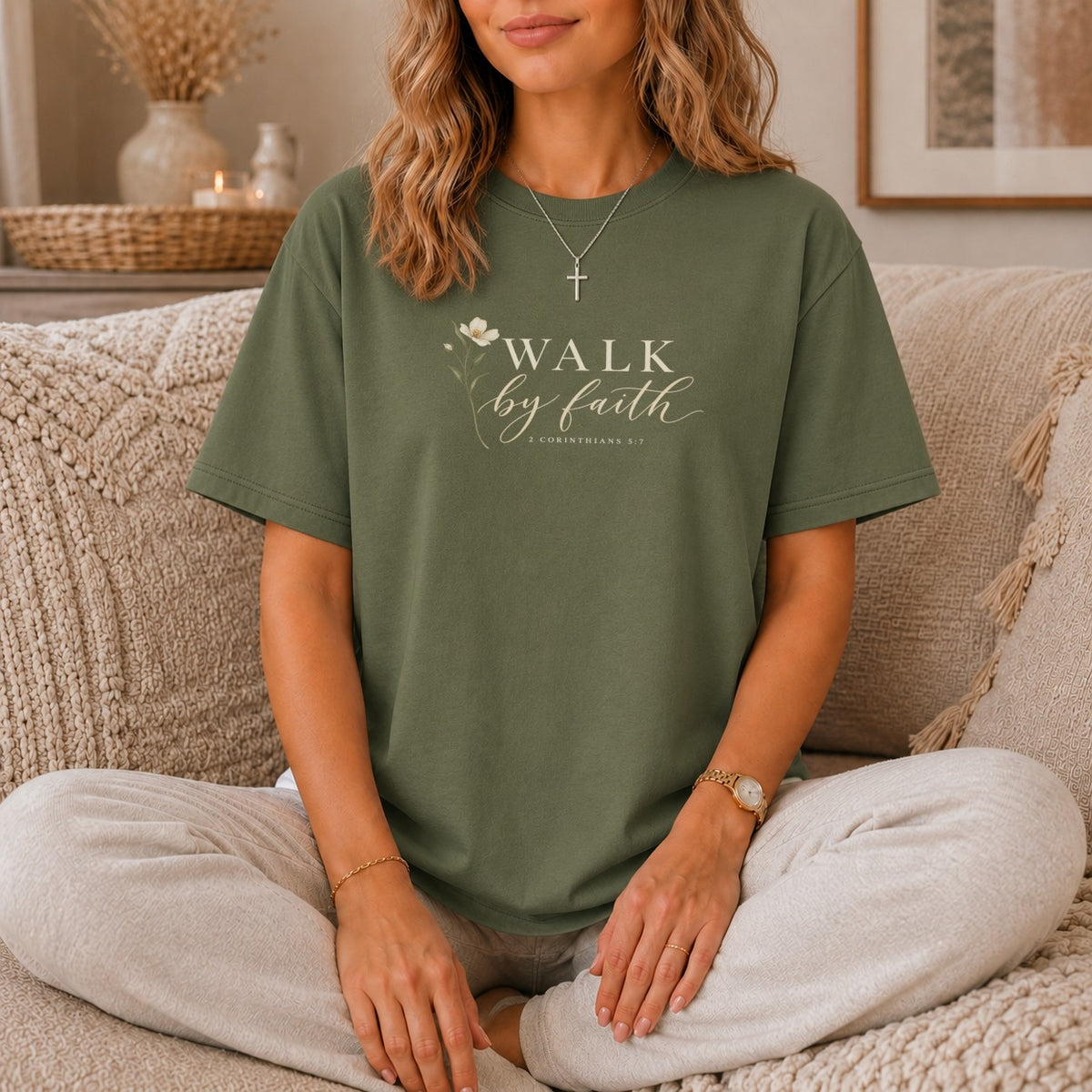 Olive green t-shirt with "WALK by faith 2 CORINTHIANS 5:7" text.